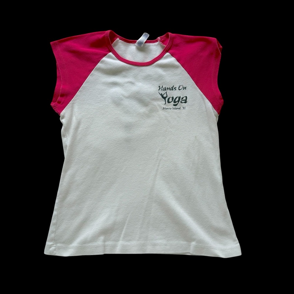 Bella Womens Yoga Raglan Cap Sleeve Tee Pink White Marco Island Graphic Small